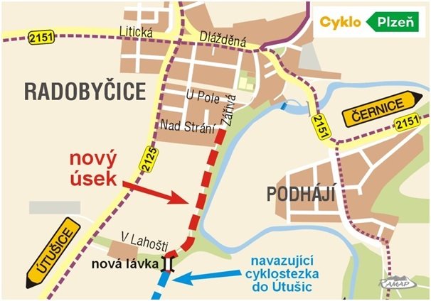 Greenway stezka podél Úhlavy s lávkou přes rokli v Lahošti, realizace je v plánu v letech 2023–2024.