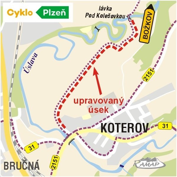 Cyklostezka podél Úslavy z Koterova k lávce Pod Kolešovkou, úsek se letos dočká nového povrchu.