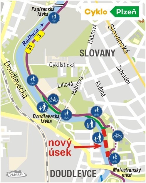 Greenway podél Radbuzy na Slovanech u mostu Malostranská, letos přibude stezka pro pěší mezi řekou a tenisovými kurty.