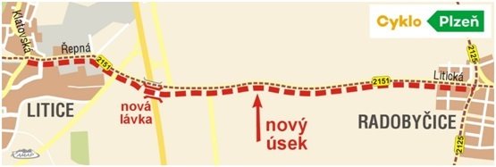 Cyklostezka z Radobyčic do Litic s lávkou, zpracovává se studie budoucího řešení.