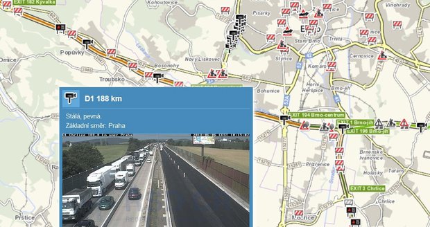 Takto aktuálně vypadá provoz na dálnici D1 před Brnem ve směru na Ostravu.