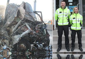 Jan Brzoň a Lenka Švecová z dálniční policie zachránili řidiče před uhořením.