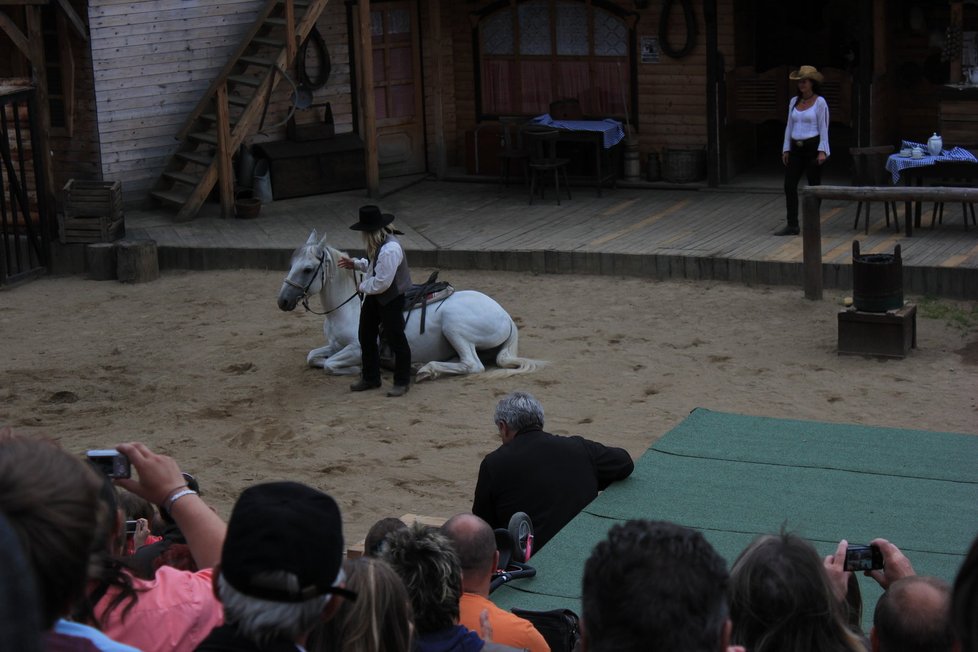 Součástí westernové show byla ukázka drezurních prvků s koněm.