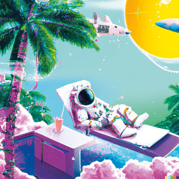 DALL·E 2: Astronaut v&nbsp;tropickém vesmírném baru – jako pixel art, vaporwave a fotografie