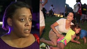 Sestra postřelené ženy v Dallasu promluvila o teroru. Vpravo matka kryje v Dallasu své dítě.