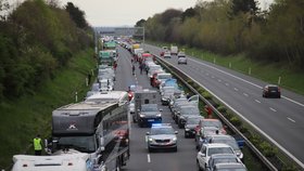 Kolony! Na dálnici D11 se převrhl přívěs s koňmi, auto za přívěsem nedobrzdilo a nabouralo do něj. (23. dubna 2023)