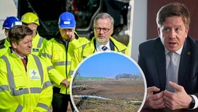 Generální ředitel ŘSD Radek Mátl a premiér Petr Fiala u rozestavěné dálnice D35