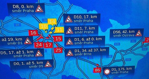 Dopravní peklo! Hlavní tahy na Prahu ucpané, auta se štosují na D1 i D5