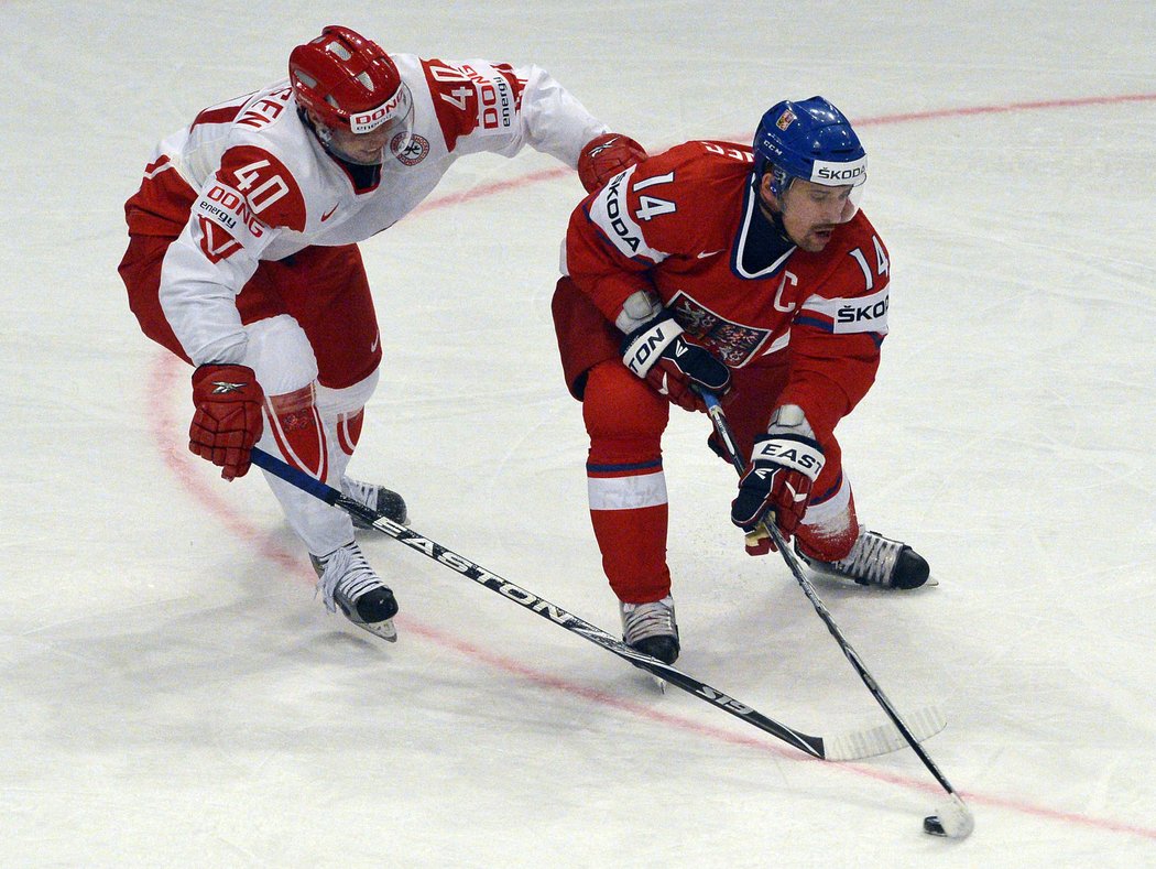 Čeští hokejisté v prvním zápase na mistrovství světa 2012 proti Dánsku.