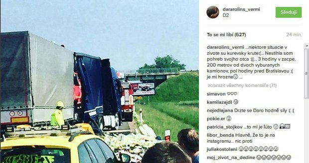 Dara o tom, že nestihla pohřeb kvůli nehodě, napsala i na svůj účet na Instagramu.