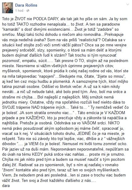 Dara Rolins napsala na Facebook dlouhé vyjádření ke smrti otce.