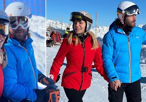 Dara Rolins s Pavlem Nedvědem brázdí svahy v italských Alpách. Jen Nedvěd musí Daru trochu učit lyžovat.