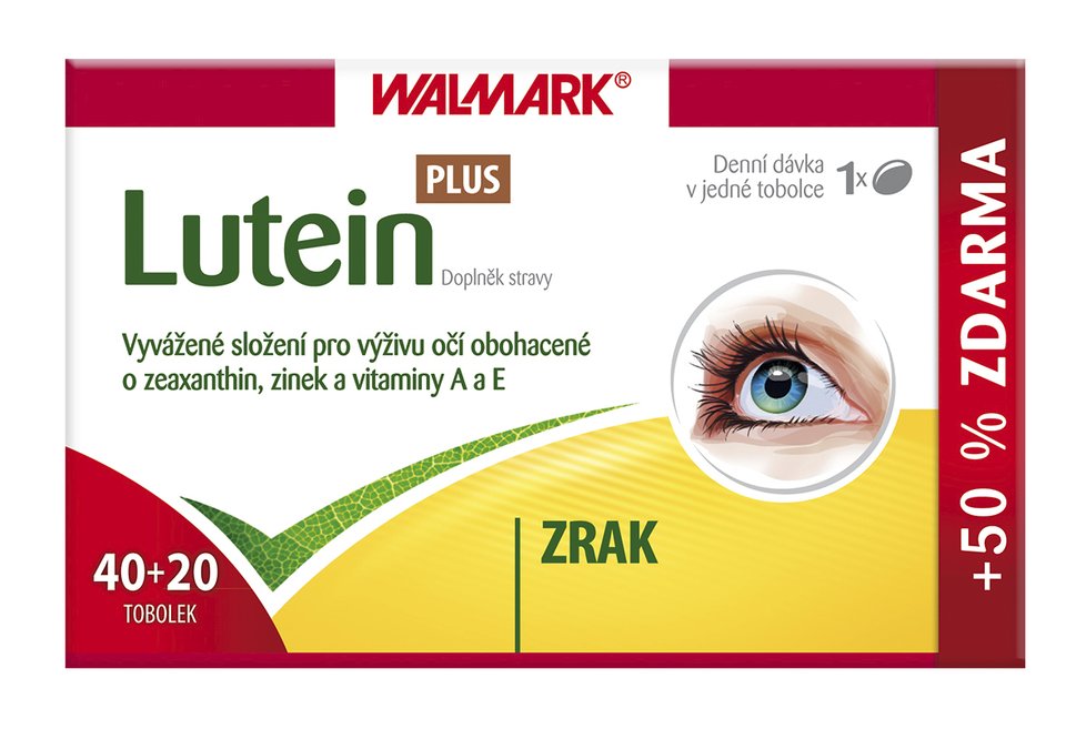 Výživa očí Lutein plus - doplněk stravy pro výživu očí. Obsahuje koktejl účinných látek, které slouží k ochraně očních buněk před UV zářením a podpoře jejich správné funkce. Prodávají lékárny, cena: 299 Kč