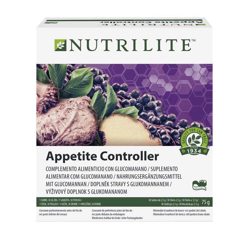 Pro dietáře Appetite Controller od firmy Nutrilite je speciálně vyvinutý doplněk stravy, který pomáhá hubnutí a redukci tuku tím, že pomáhá rychleji zaplnit žaludek a rychleji vyvolat pocity sytosti. Pomáhá tak regulovat velikost porcííky vysokému obsahu rozpustné vlákniny zcela rostlinného původu z rostliny Glukomanan konjac. Prodává Amway.cz za 1180 Kč