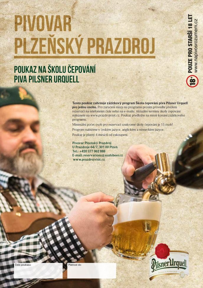 Dárkový poukaz Škola čepování Pilsner Urquell, 790 Kč, eshop.prazdroj.cz