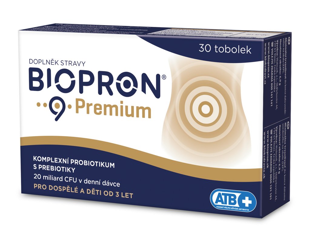 Biopron Premium 9 je doplněk stravy s devíti probiotickými kmeny. Podporuje obnovu střevní mikrobioty během a po ukončení užívání antibiotik. Je důležité jej začít užívat hned s předepsanými antibiotiky a pokračovat nejméně týden po ukončení léčby. Koupíte v lékárnách za doporučenou cenu 299 Kč