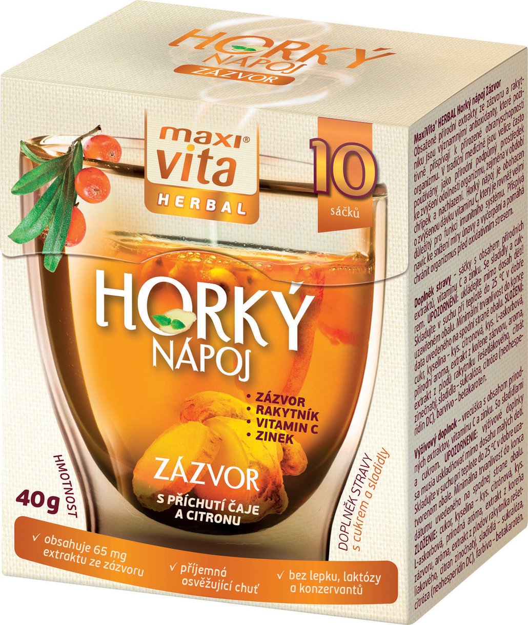 Vaši blízcí se mohou v zimě krásně zahřát a navíc ještě podpořit své zdraví díky horkému nápoji MaxiVital Herbal. Vyzkoušejte třeba nápoj s příchutí zázvoru. Obsahuje přírodní extrakty ze zázvoru (65 mg) a rakytníku, které jsou významnými antioxidanty pozitivně přispívajícími k přirozené obranyschopnosti organismu. V tradiční medicíně jsou velice často používány jako přírodní podpůrný prostředek ke zvýšení odolnosti, zejména v období chřipek a nachlazení. Balení 10 sáčků po 4 gramech koupíte za 70 Kč