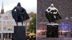 Sníh udělal ze sochy Jakuba Wejhera padoucha Darth Vadera.