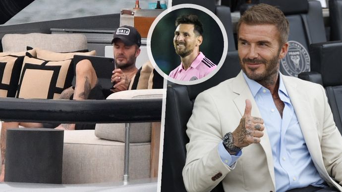 Něco nového o Leovi? David Beckham, majitel Interu Miami, projíždí na tabletu internetové titulky.