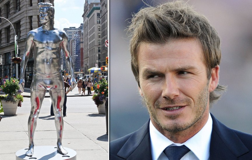 Fotbalista David Beckham má svoji vlastní sochu na 5. avenue v New Yorku k příležitosti jeho nové kolekce spodního prádle