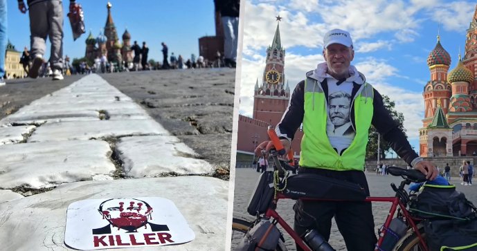 Čech projel Ruskem na kole Ukrajina. V Moskvě ukázal tričko s Pavlem.