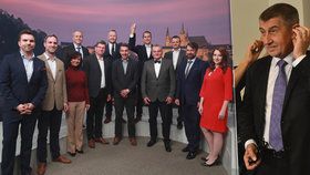 Předvolební debata Blesku, kde se Petr Stuchlík a Jan Čižinský chytili za ruce. Vpravo šéf ANO Andrej Babiš.