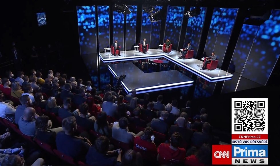 Andrej Babiš (ANO, Jan Hamáček (ČSSD), Marian Jurečka (KDU-ČSL) a Ivan Bartoš (Piráti) v debatě CNN Prima News (1.9.2021)