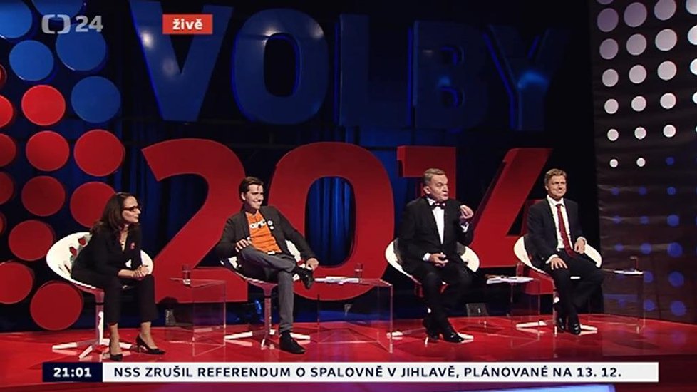 Debata lídrů pro Prahu: Druhá čtyřka kandidátů. Zleva Krnáčová, Michálek, Svoboda a Hudeček