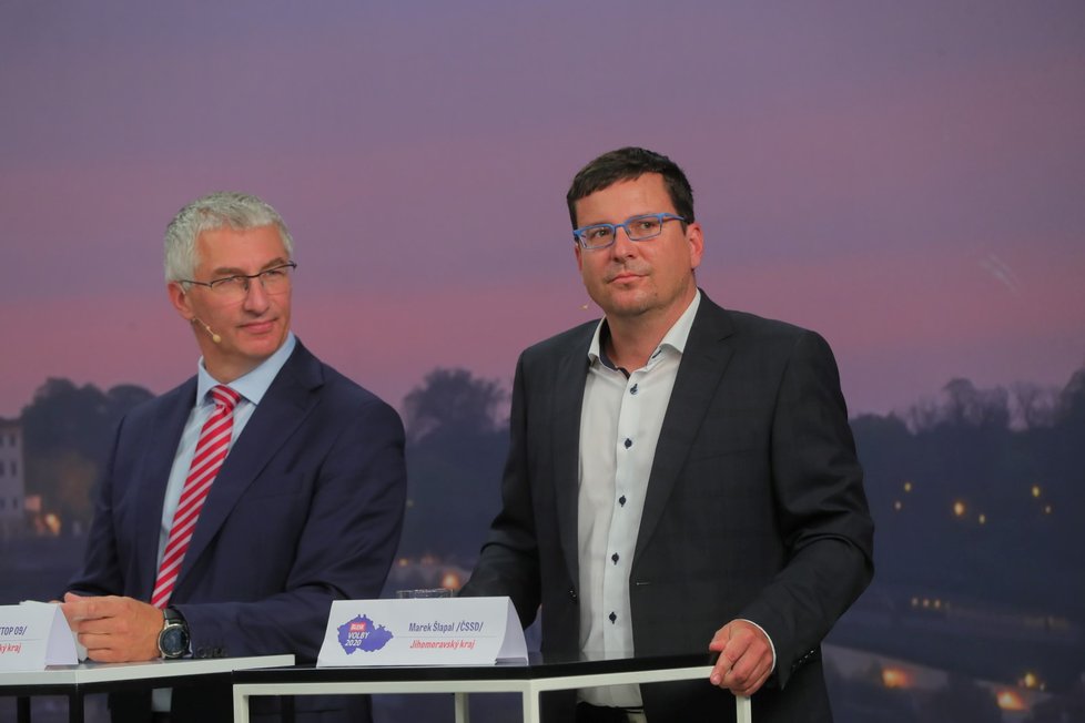 Krajská debata Blesk Zpráv o bydlení (22. 9. 2020): Zleva Jan Vitula (TOP 09) a Marek Šlapal (ČSSD)