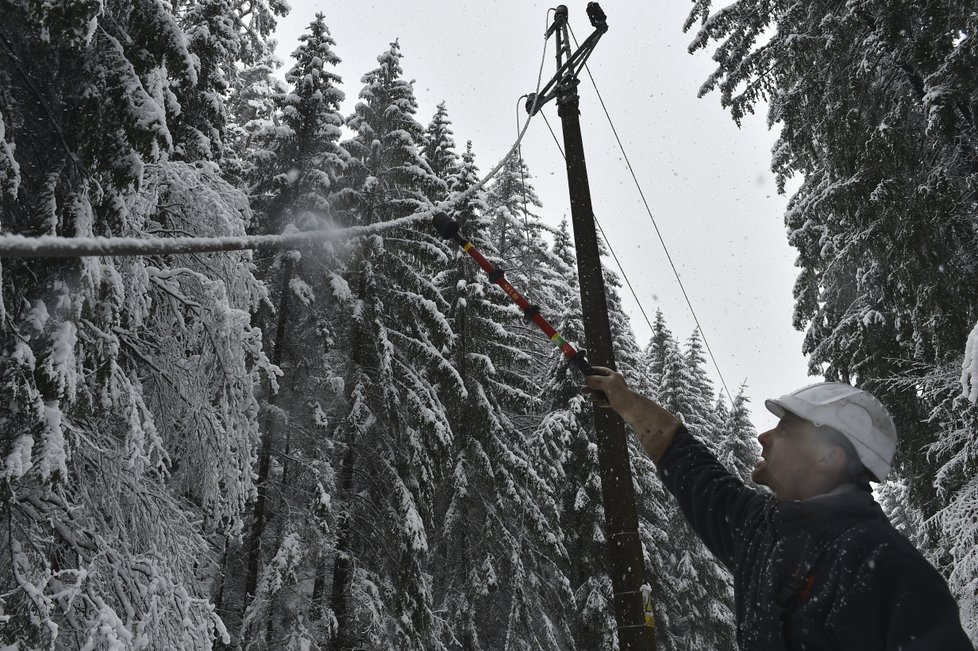 Kalamita v Česku: Technici opravují na Děčínsku elektrické vedení, které poškodil nával sněhu (10.1 2019)