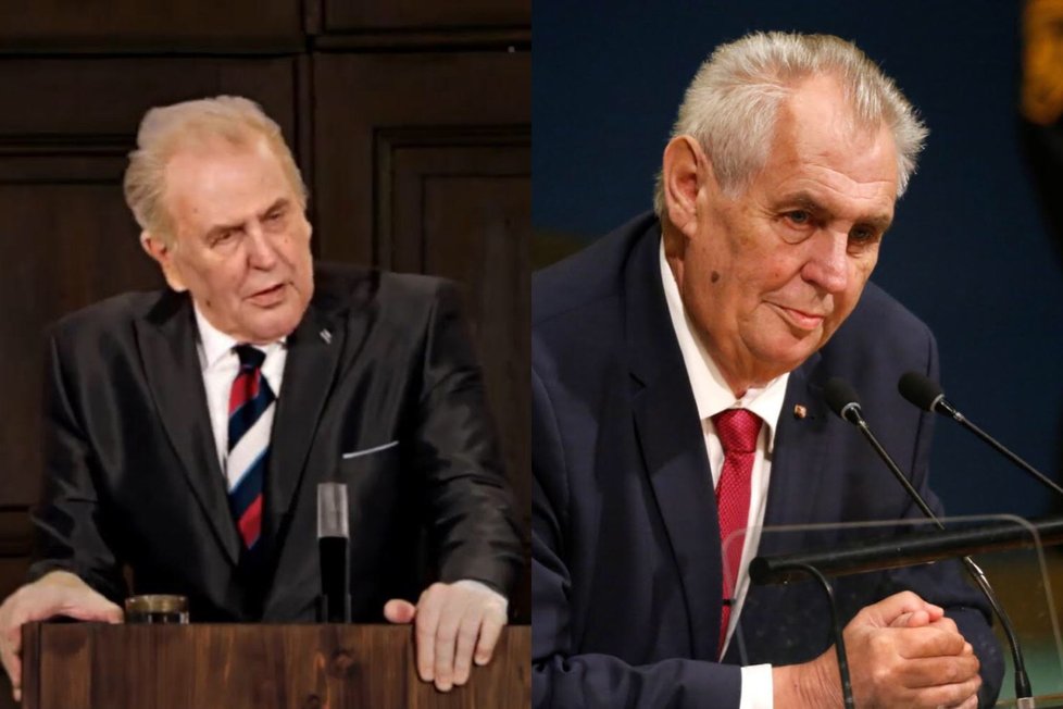 Prezident Miloš Zeman je na fotografii vpravo. Vlevo je pomocí moderních technologií vyrobený dvojník