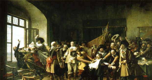 Takto zaznamenal význačný český malíř Václav Brožík na svém obrazu třetí pražskou defenestraci.