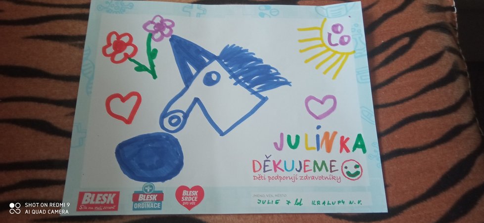 Julie, 7 let, Kralupy nad Vltavou: Děkujeme za péči a moc vás zdravíme, prosíme vydržte to