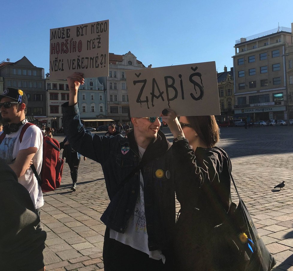 Demonstrace proti Babišovi a Zemanovi: V Plzni přišly asi čtyři stovky lidí.