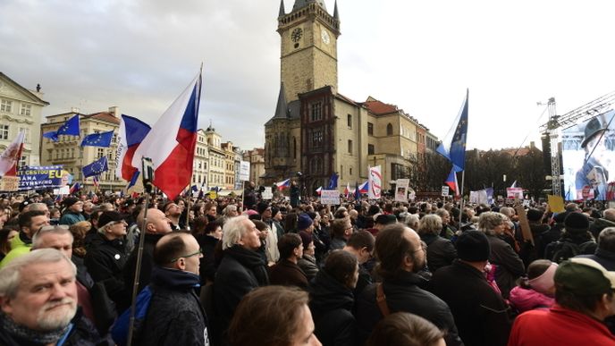 Demonstrace spolku Milion chvilek pro demokracii 1. 3. 2020 na Staroměstském náměstí