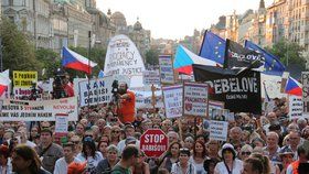 Demonstrace proti premiéru Andreji Babišovi a ministryni spravedlnosti Marii Benešové se podle odhadů organizátorů účastnilo asi 120 tisíc lidí. (4.6.2019)