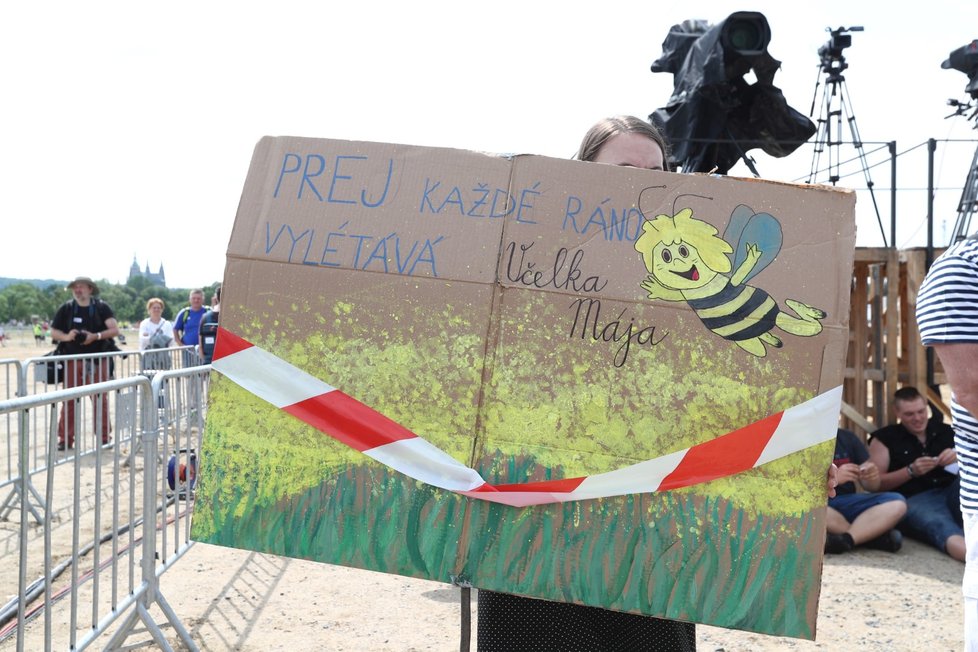 První demonstranti s jejich transparenty na Letné (23. 6. 2019)