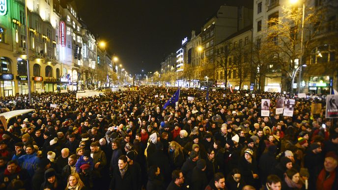 Demonstrace na Václavském náměstí proti zvolení komunisty Zdeňka Ondráčka