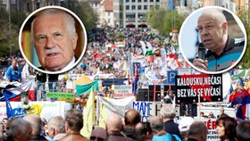 Odborář Zavadil (vpravo) vzkazuje, že protvládní protesty budou pokračovat a dokonce ještě sílit. Václav Klaus (vlevo) si o tom ale myslí své. Samotný křik na Václaváku prý nepomůže