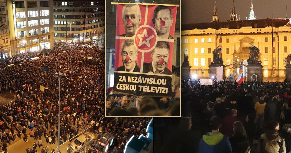 Protest „Zemane – ČT nedáme“ prošel Prahou z Václavského náměstí až před Pražský hrad (14. 3. 2018).