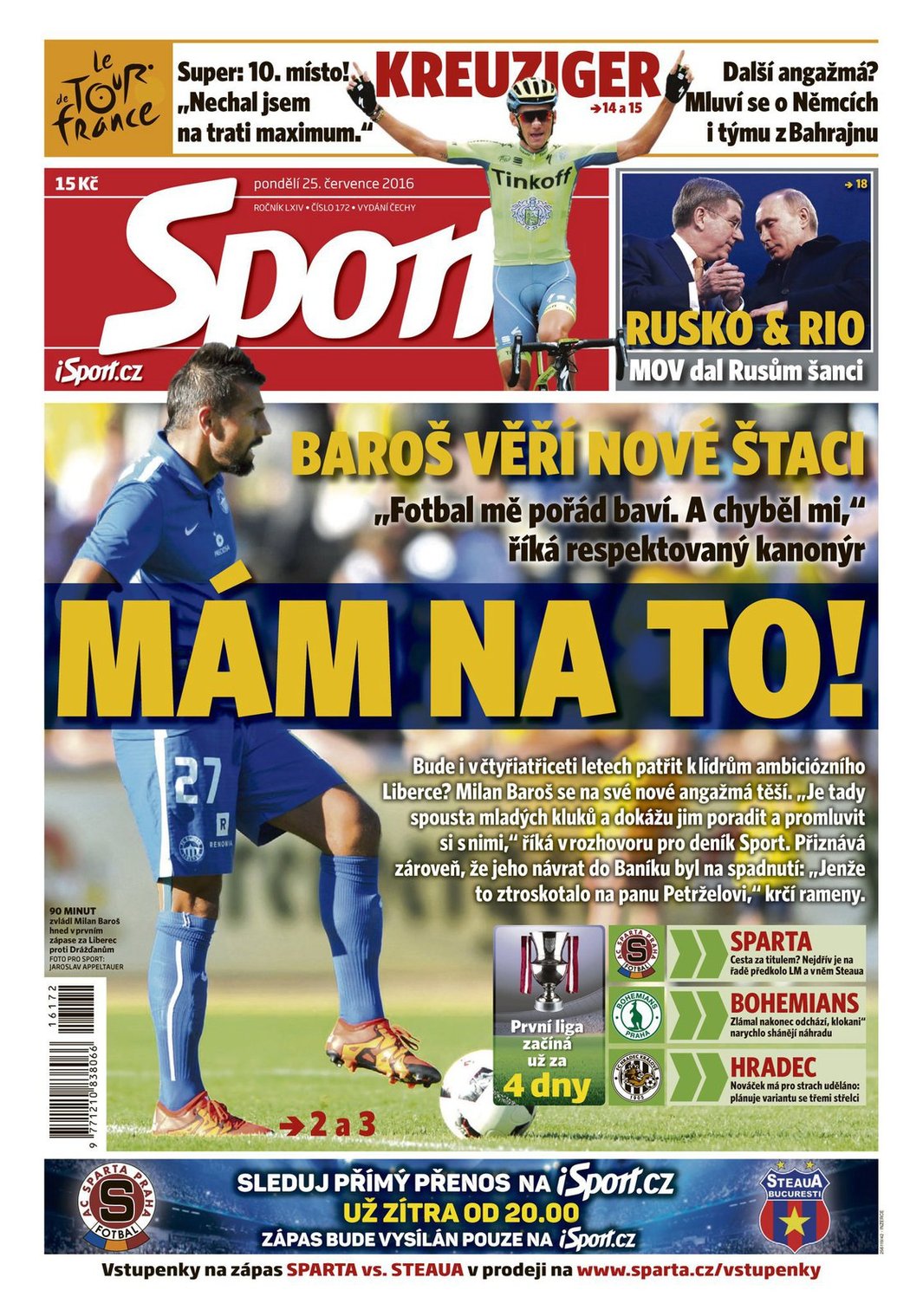 Titulní strana pondělního deníku Sport