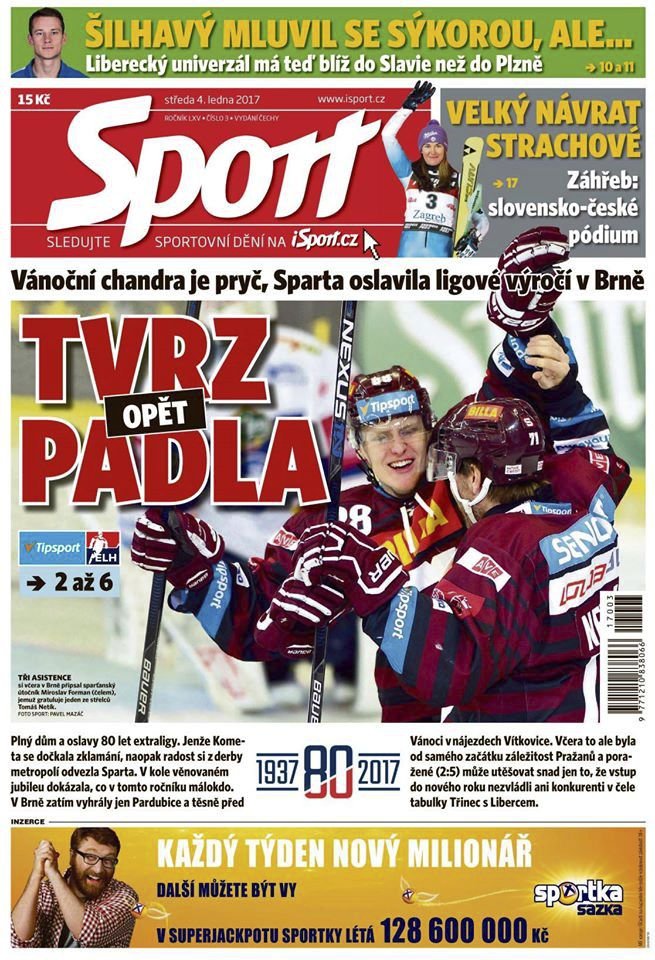 Titulní strana středečního deníku Sport - 4.1. 2017