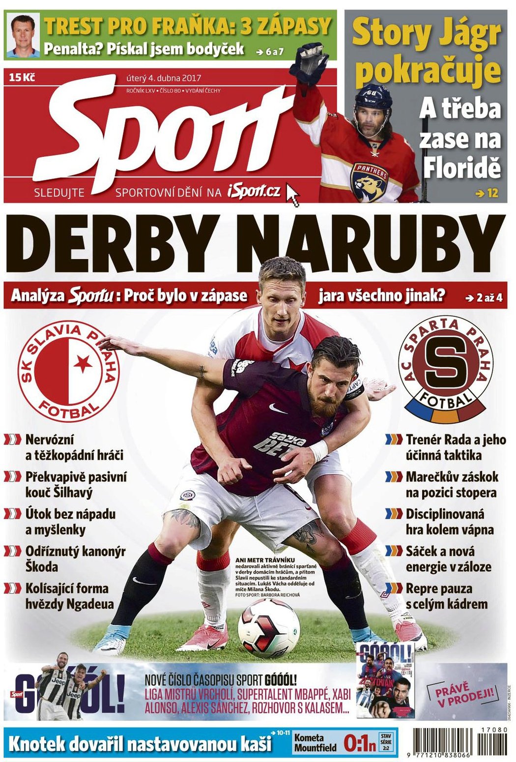 Titulní strana úterního deníku Sport
