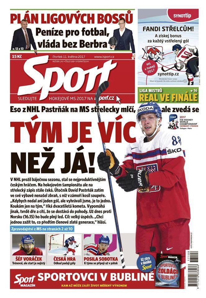 Titulní strana čtvrtečního deníku Sport
