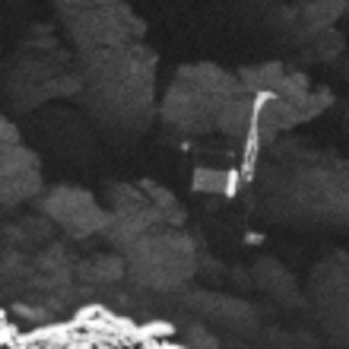 Detailní snímek průzkumného modulu Philae na povrchu komety