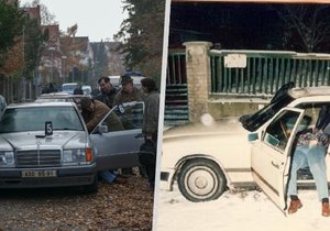 Vlevo: Záběr ze seriálu Devadesátky, vpravo: Skutečná fotografie z místa činu v roce 1993