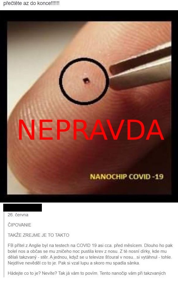 Na českém facebooku se šíří různé příspěvky o tom, že při výtěru na test kvůli koronaviru jsou lidé čipováni.