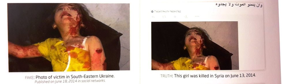 Příklad dezinformace. Vlevo: Údajná oběť z jihovýchodu Ukrajiny (fotka se objevila na sociálních sítích). Vpravo: Zdrojovou fotografií je smrt dívky během války v Sýrii v roce 2014.