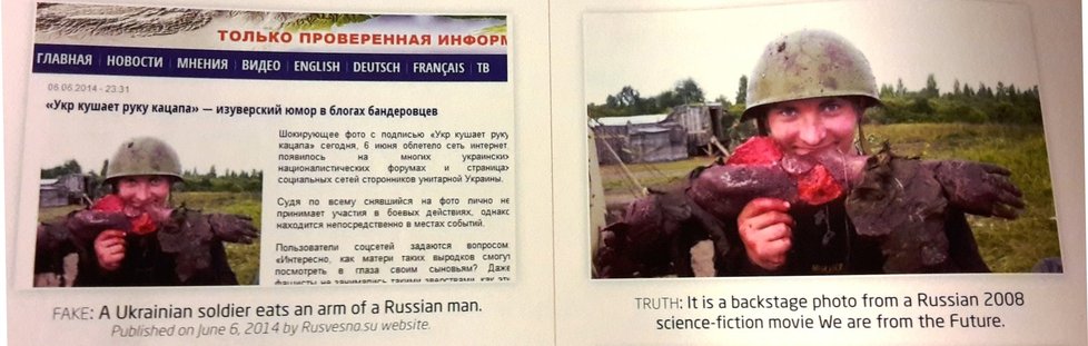 Příklad dezinformace. Vlevo: Ukrajinský voják údajně pojídá ruku ruského občana (zdroj: Rusnesna.su). Vpravo: Fotografie pochází ze zákulisí natáčení ruského sci-fi filmu z roku 2008.