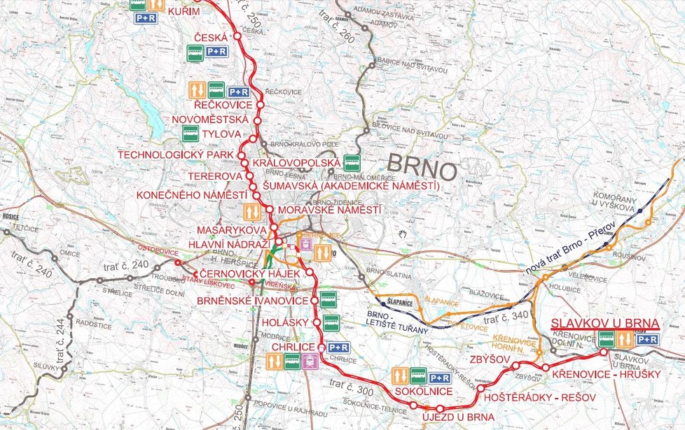 Plán Severojižního kolejového diametru. Železnice má vést mezi Řečkovicemi a Černovickým hájkem pod povrchem jako metro.